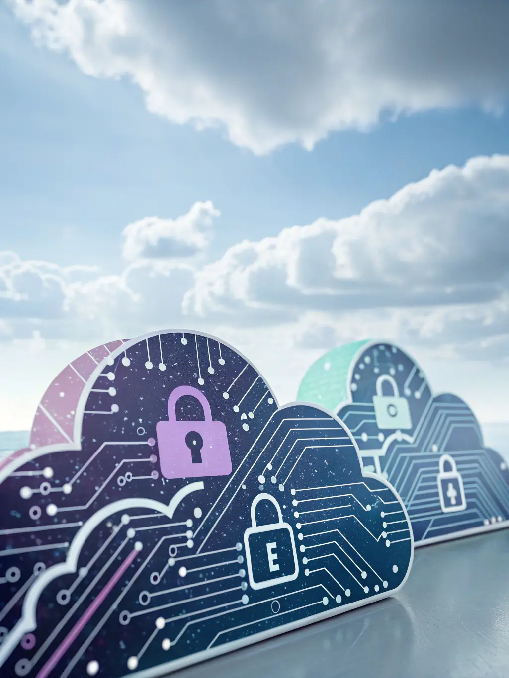 An abstract image representing data flowing securely through cloud servers, with visual elements emphasizing encryption and data protection.