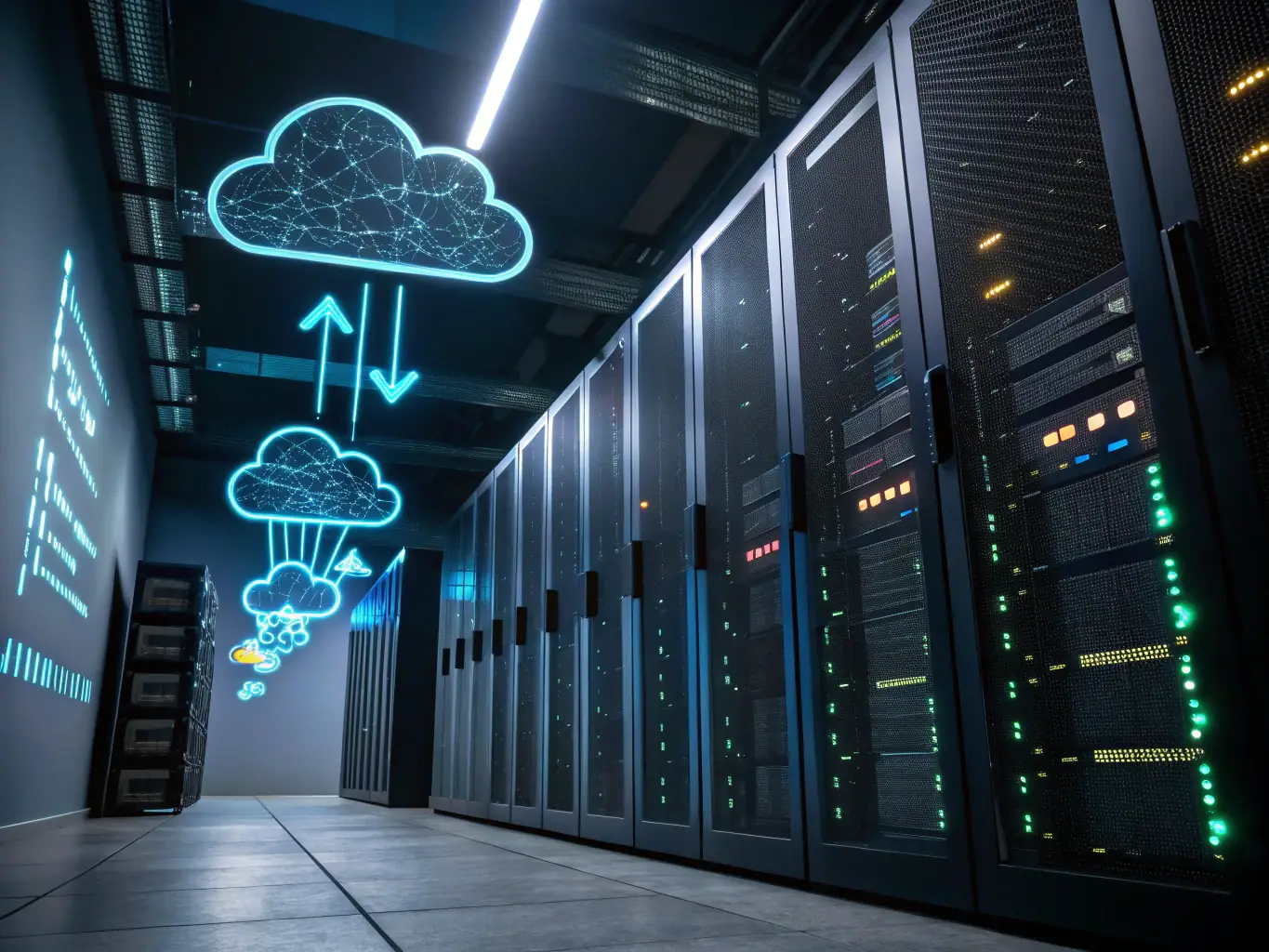 A dynamic image representing cloud migration, with data streams flowing between on-premises servers and a cloud environment, symbolizing a smooth and secure transition.