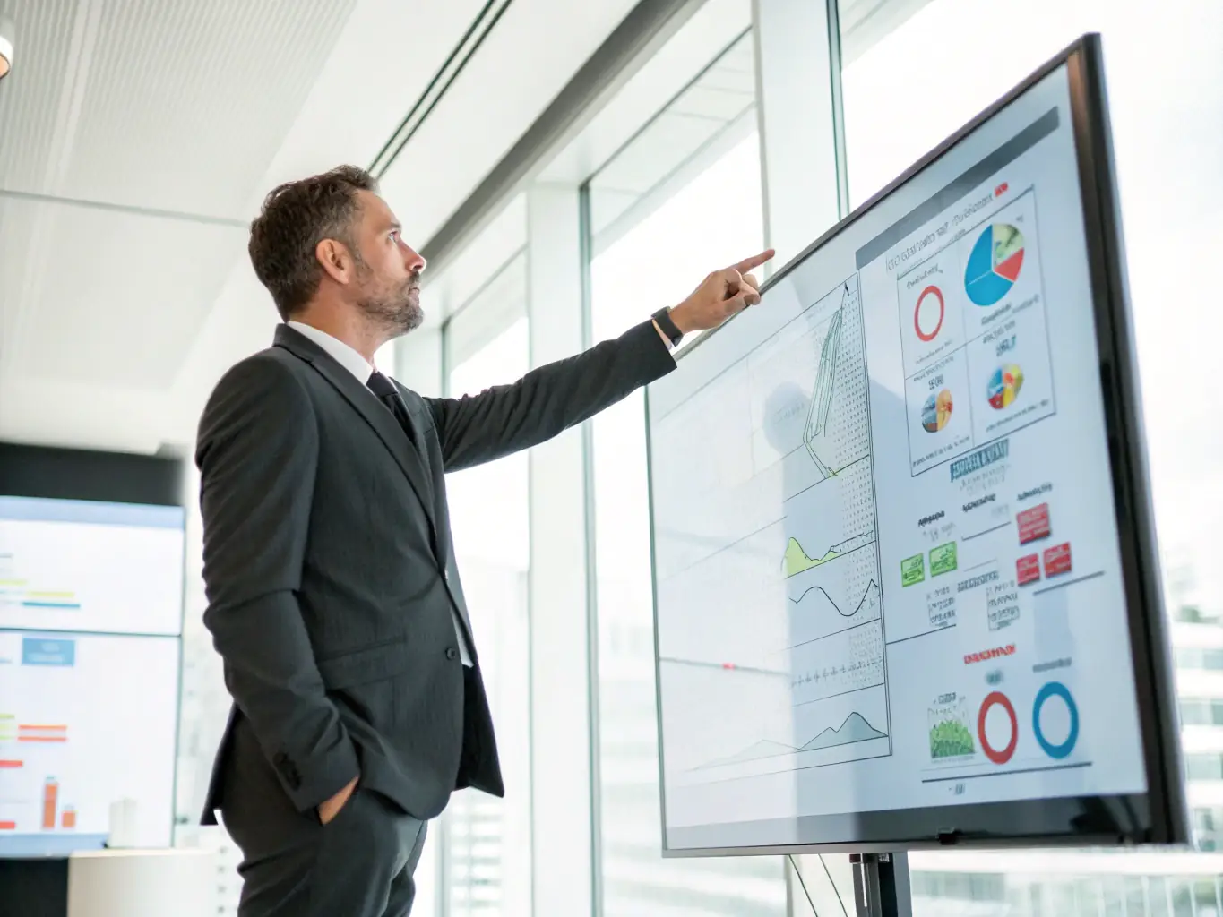 A professional showcasing cloud consultancy, advising a client on cloud strategy with diagrams and charts displayed on a large screen in a modern office setting.