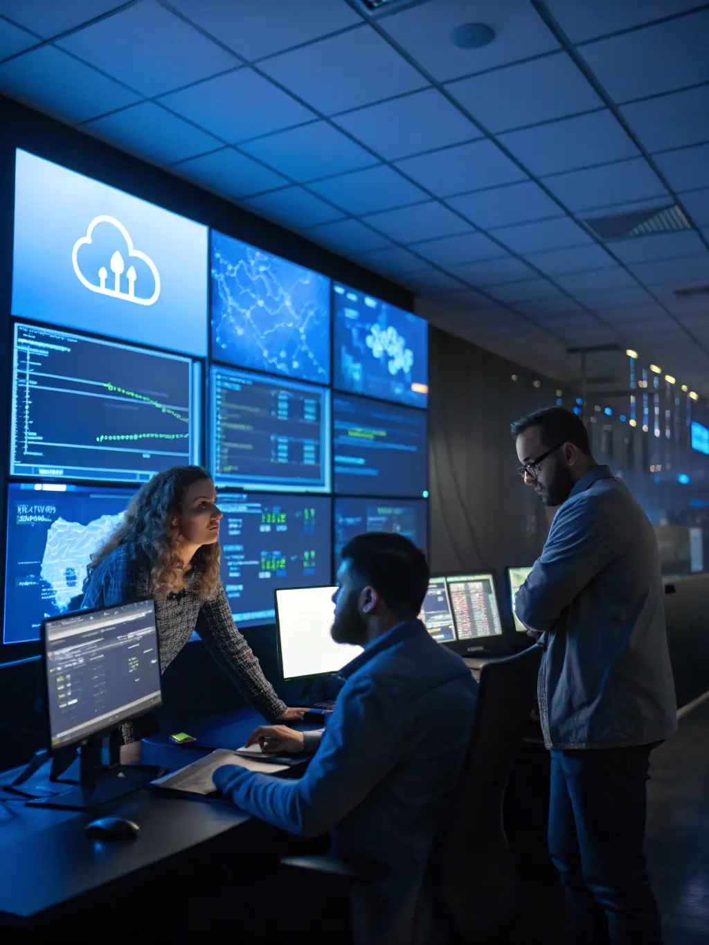 A professional photograph of a diverse team of cloud engineers collaborating around a large interactive whiteboard filled with cloud architecture diagrams and project timelines, set in a modern office environment.