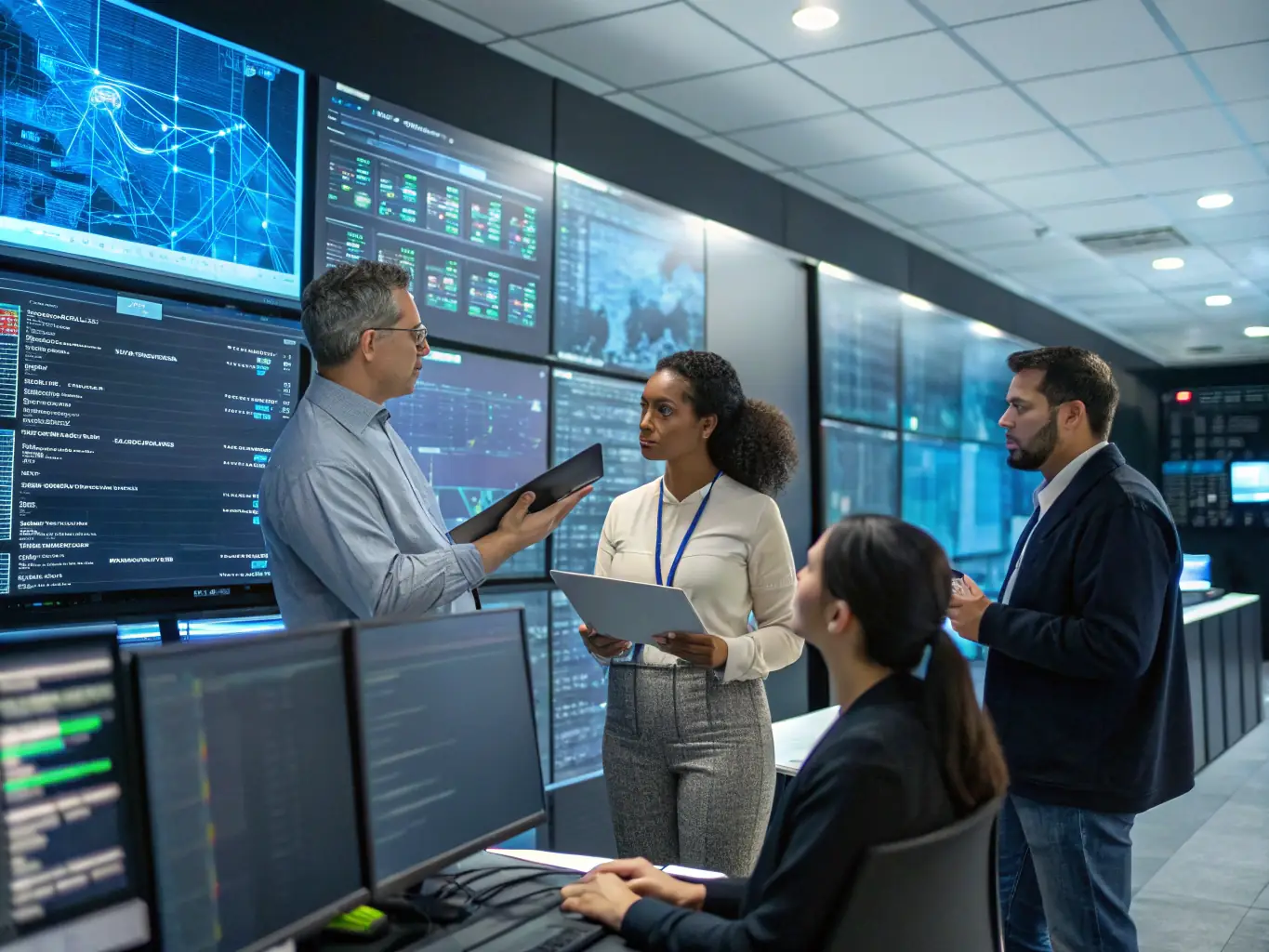 An image depicting remote infrastructure management, showing a network operations center with engineers monitoring cloud systems and ensuring seamless performance.